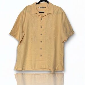 CARIBBEAN Men's Sz L Yellow Button Up Short Sleeve  Rayon Hawaiian Shirt EUC
